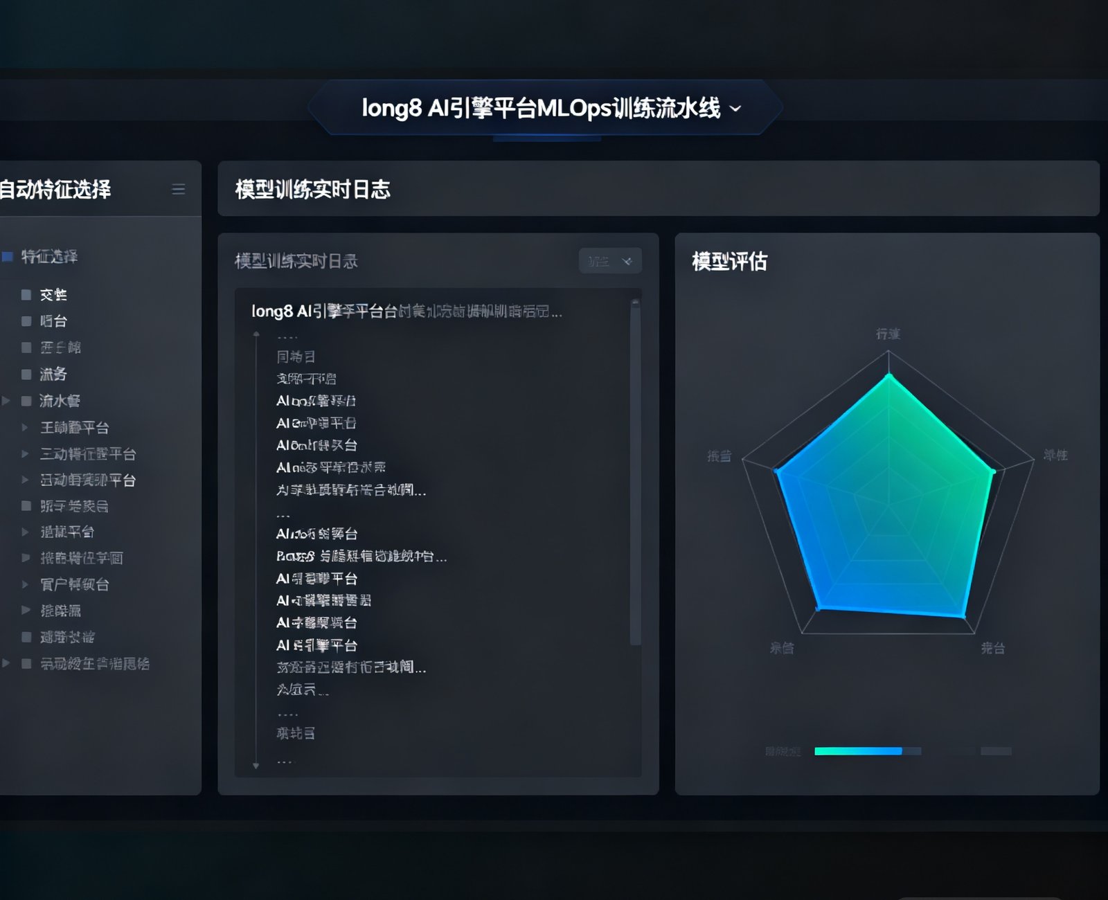 long8 AI引擎平台的MLOps训练流水线界面截图，左侧展示自动特征选择模块，中间为模型训练实时日志，右侧呈现模型评估指标雷达图，界面以深色模式呈现