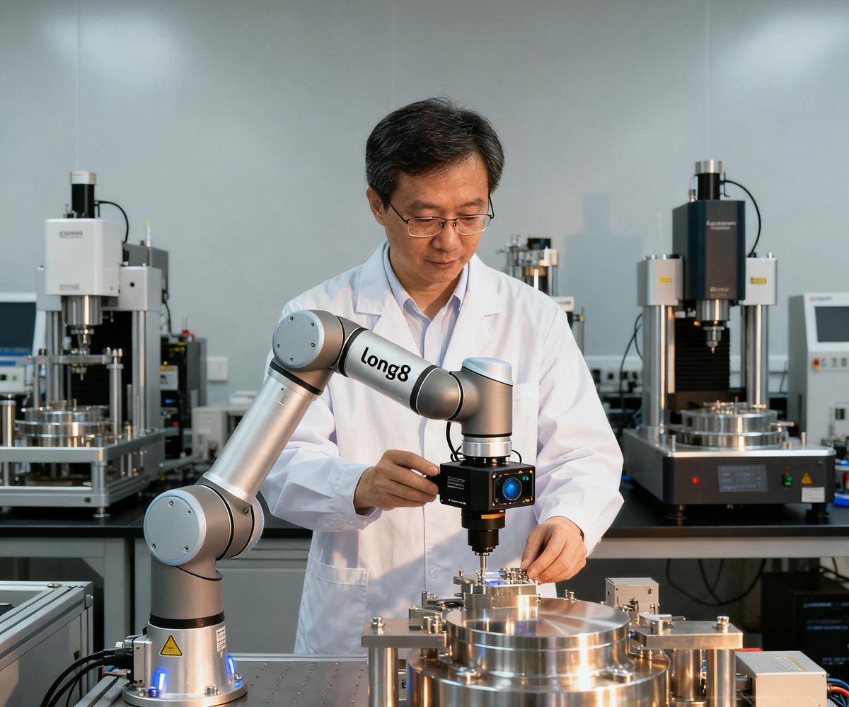 long8首席科学顾问陈瀚教授在实验室中的照片，他正在调试一台搭载了long8视觉模块的协作机器人，背景中可见多台精密仪器
